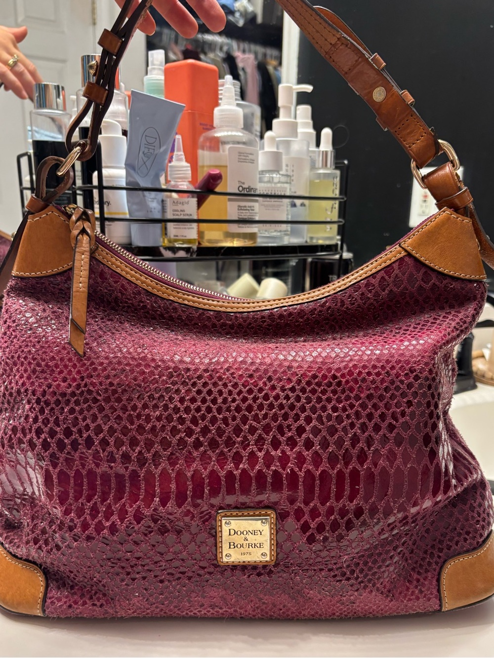 Dooney & Bourke Burgundy Snakeskin-Texture Shoulder Bag with Tan Trim - Picture 1 of 4